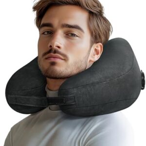 Travel Pillow Inflatable Neck Pillow Airplane Pillow with Velvet Cover Inflatable Pillow for Car/Train/Plane (Black, M)