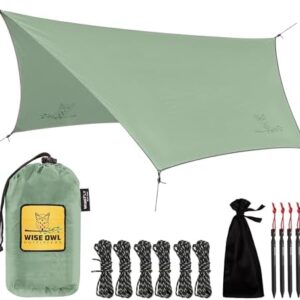 Wise Owl Outfitters Hammock Rain Fly – Waterproof Camping Tarp Cover with Tent Stakes & Carry Bag, Ultralight Shelter for Backpacking & Outdoor Shade