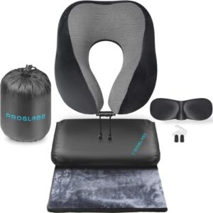 Proglobe Travel Blanket Luxury Travel Set - Ergonomic Airplane Neck Pillow 100% Pure Memory Foam and Super Soft Fleece Blanket - Premium 3D Sleep Mask & Earplugs - Ultimate 4-in-1 Traveling Kit Black