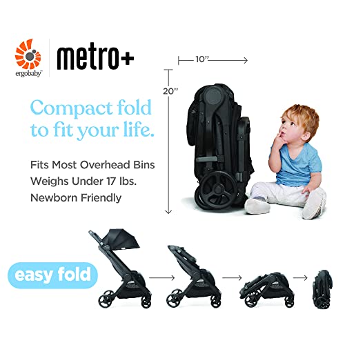 Ergobaby Metro+ Compact Baby Stroller, Lightweight Umbrella Stroller Folds Down for Overhead Airplane Storage (Carries up to 50 lbs), Car Seat Compatible, Black - Image 4