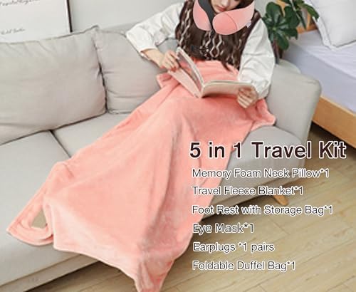 Travel Pillow and Blanket Set & Foot Rest, Memory Foam Neck Pillow Airplane Blanket & Airplane Foot Hammock & Foldable Duffel Bag, Eye Mask & Earplugs, Portable Travel Accessories Essentials, Pink - Image 3