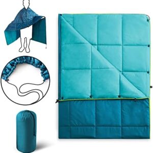 UNIKOME Waterproof Puffy Camping Blanket - Lightweight Packable Outdoor Quilt with Snaps & Corner Loops, Warm Compact Blanket for Cold Weather Hiking Picnic Stadium Travel, 75"×52", Lake Blue&Sky Blue