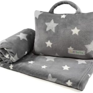 VigorSpring 3-in-1 Kids Travel Pillow and Blanket Set - 40x60 Inches Soft Grey Star Design | Travel Blanket Airplane Compact with Bag | Ideal for Travel, Camping, Car Rides & Home Decor