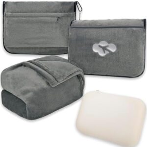 Blanket Pillow for Airplane Travel Essentials - 3 In 1 Travel Blanket and Pillow Set for Women Gifts, Plane Compact with Bag for Long Flight, International Traveler Must Haves Flying Accessories(Gray)