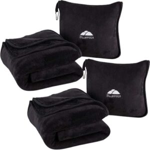 BlueHills 2-Pack Premium Soft Travel Blanket Pillow Airplane Blanket for Two in Soft Bag Pillowcase with Hand Luggage Belt and Backpack Clip, Compact Pack Large Blankets for Travel (Black T014)
