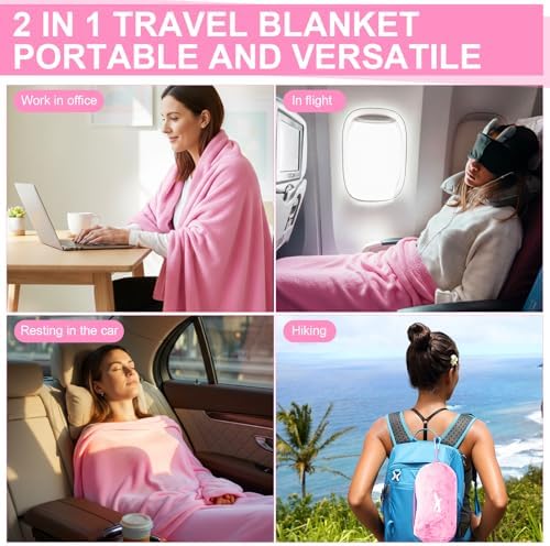 Peryiter 6 Sets Bulk Travel Blanket Pillows for Long Flight Sleeping 50 x 60 Inches Soft Flannel Packable Airplane Flight Blanket 2 in 1 Combo Warm Traveling Plane Essentials(Pink) - Image 6