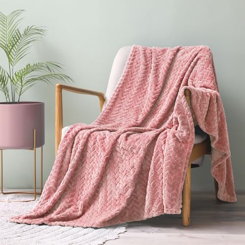 Exclusivo Mezcla Fleece Throw Blanket for Couch, 50x70 Inches Soft Cozy Jacquard Flannel Blankets, Lightweight Fuzzy Plush Warm Throws for Winter, Pink - Image 2