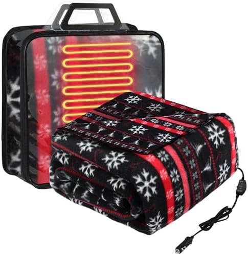 Tuanse 58 x 43 Inches 12 Volt Heated Car Blanket Plug in Portable Car Electric Blanket with Cigarette Lighter, Temperature Controller and Storage Bag for Rv Truck Traveling(Red Black,Snowflakes)
