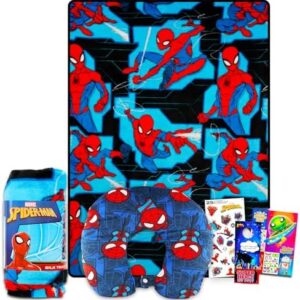 Spiderman Travel Blanket and Pillow Set - Bundle with Spiderman Blanket, Pillow, Stickers, More | Spiderman Travel Accessories for Kids