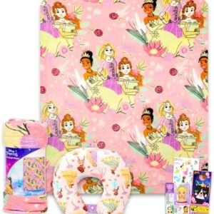 Disney Princess Travel Blanket and Pillow Set - Bundle with 40"x 50" Belle, Tiana, Rapunzel Throw Blanket, Neck Pillow, Stickers, More | Disney Princess Travel Accessories for Kids, Girls