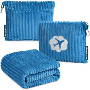 PAVILIA Travel Blanket Pillow in Soft Bag with Pockets, Airplane Blanket Set, Plane Blanket Compact Packable, Flight Essentials Car Pillow, Travelers Accessories Gifts, Luggage Strap, Turquoise