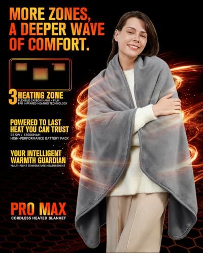 Carbon Fiber Heated Blanket with Battery, Large 3-Zone Electric Throw | Machine Washable, Long-Lasting for Home, Camping, Travel, Office - Image 2