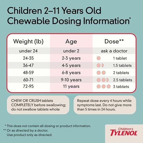 Children's Tylenol Chewables with 160 mg Acetaminophen, Pain Reliever & Fever Reducer for Kids' Cold + Flu Symptoms, Headache, Sore Throat & Toothache, Aspirin-Free, Grape Flavor, 24 ct - Image 7