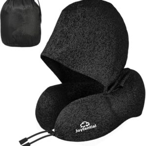 Travel Neck Pillow with Large Hood for Long Flights, Privacy Hooded Plane Pillow with Skin-Friendly Cover, Comfort Memory Foam, Travel Pillows for Road Trip, Airplane, Office Rest (Black)