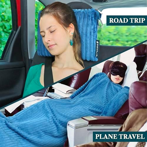 PAVILIA Travel Blanket Pillow in Soft Bag with Pockets, Airplane Blanket Set, Plane Blanket Compact Packable, Flight Essentials Car Pillow, Travelers Accessories Gifts, Luggage Strap, Turquoise - Image 6