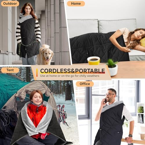 Outdoor Heated Blanket with 10000mAh Power Bank, Battery Operated Cordless Electric Heating Throw with 3 Heat Settings, Fast Heating Wearable USB Throw for Camping, Travel, Office & Home Use Black - Image 3