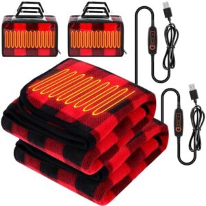 Tuanse 2 Pcs USB Heated Blanket 25"x35" Small Portable 5v 3 Setting Electric Blanket with Timer and Temperature Controller Winter Wearable Recharge Throw for Travel Home(Red and Black Plaid)