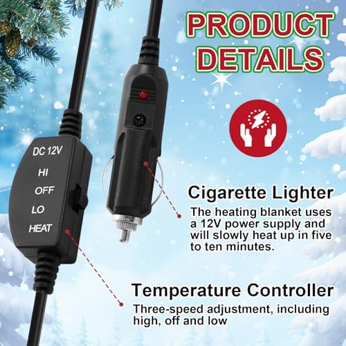 Tuanse 58 x 43 Inches 12 Volt Heated Car Blanket Plug in Portable Car Electric Blanket with Cigarette Lighter, Temperature Controller and Storage Bag for Rv Truck Traveling(Red Black,Snowflakes) - Image 4