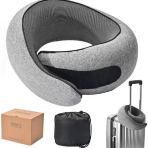 REHUAWHO Travel Neck Pillow for Airplanes - 100% Memory Foam, 360° Head Support, Breathable & Removable and Washable, Compact for Travel, Car & Flights - Grey
