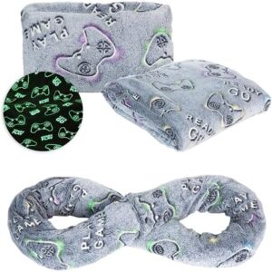 NAPRO Kids 3-in-1 Travel Blanket and Pillow Combo, Convertible Infinity Scarf, Lightweight Neck Support for Airplane, Car & Camping, Glow-in-The-Dark - Gamer