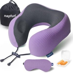 napfun Neck Pillow for Traveling, Upgraded Travel Neck Pillow for Airplane 100% Pure Memory Foam Travel Pillow for Flight Headrest Sleep, Portable Plane Accessories, Striped Light Purple Set