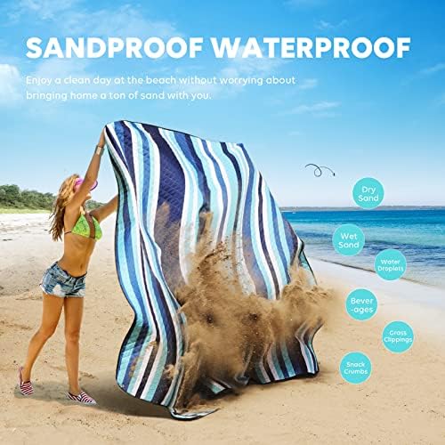 ZAZE Picnic Blankets Beach Blanket, 80''x80'' Extra Large Thick 3-Layers, Sandproof Machine Washable Waterproof Foldable Oversized XL Outdoor Mat, for Camping, Park, Travel, Grass(Blue White Stripe) - Image 4