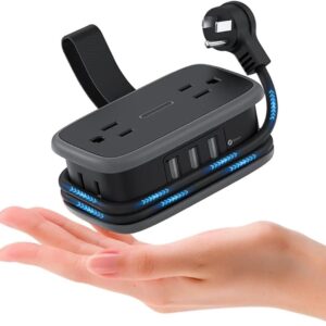 Travel Power Strip with USB Ports, NTONPOWER 4ft Flat Plug Wrapped Around Short Extension Cord with 4 Outlets 3 USB Ports, Compact for Cruise Travel Essential Hotel Home Office, Black