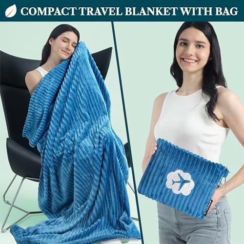 PAVILIA Travel Blanket Pillow in Soft Bag with Pockets, Airplane Blanket Set, Plane Blanket Compact Packable, Flight Essentials Car Pillow, Travelers Accessories Gifts, Luggage Strap, Turquoise - Image 2