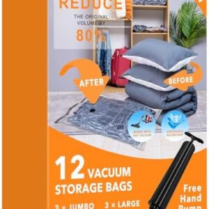 12 Pack Vacuum Storage Bags (3 Jumbo, 3 Large, 3 Medium, 3 Small),Plastic Packaging Bags,Space Saver Sealer Compression Bags with Travel Hand Pump for Blankets, Comforters, Pillows, Clothes Storage