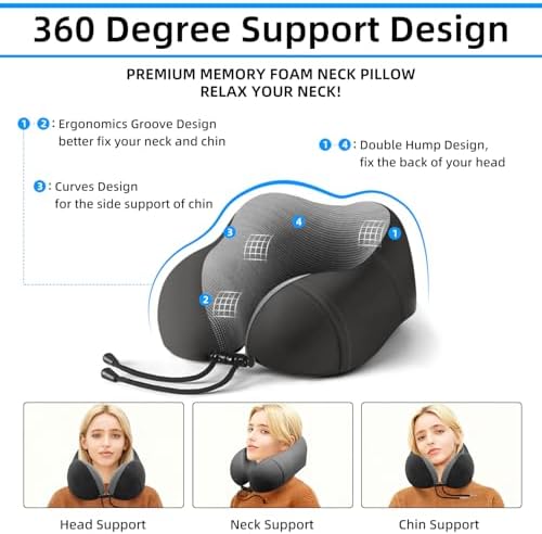 Neck Pillow for Traveling,Premium Memory Foam Travel Neck Pillow for Airplane,Soft Smooth & Breathable Cover,Adjustable Headrest Sleep Flight Pillow for Plane,Car,Office and Home,Black - Image 2