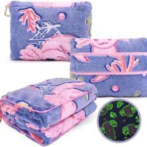 Axolotl Blanket for Airplane Travel - Glow in The Dark Kids Travel Blanket Pillow Set for Plane, Car - Axolotl Gifts Toys for Girls, Small Soft Purple Fleece Throw for Teens Girls 40" x 60"