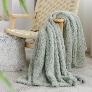 Ultra Soft Cozy Sherpa Throw Blanket, Light Weight Warm Decorative Boho Style Plush Throw Blanket Cover for Couch, Sofa, Bedroom,Travel, Outdoor, 60”x80”, Sage Green