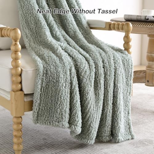 Ultra Soft Cozy Sherpa Throw Blanket, Light Weight Warm Decorative Boho Style Plush Throw Blanket Cover for Couch, Sofa, Bedroom,Travel, Outdoor, 60”x80”, Sage Green - Image 2