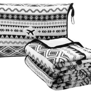 Boho Travel Blanket Airplane Compact with Bag 2 in 1 Soft Boho Fleece Travel Blanket and Pillow Set with Luggage Sleeve Backpack Clip Compact Lightweight Airplane Essentials