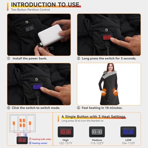 Outdoor Heated Blanket with 10000mAh Power Bank, Battery Operated Cordless Electric Heating Throw with 3 Heat Settings, Fast Heating Wearable USB Throw for Camping, Travel, Office & Home Use Black - Image 5