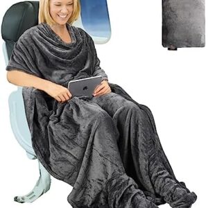 Tirrinia Travel Portable Blanket with Feet Pocket Airplane Office Poncho 4 in 1 Zippered Front Pocket Premium Cozy Fleece Blankets with Built-in Bag
