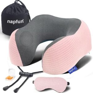 napfun Neck Pillow for Traveling, Upgraded Travel Neck Pillow for Airplane 100% Pure Memory Foam Travel Pillow for Flight Headrest Sleep, Portable Plane Accessories, Pink