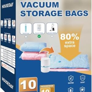 HOUSE DAY 10 Small Vacuum Seal Bags For Clothing Travel, 80% Space Saving Travel Vacuum Bags with Electric Pump, Vacuum Storage Bags For Clothes, Bedding, Moving, Camping, Toys, Storage & Organization