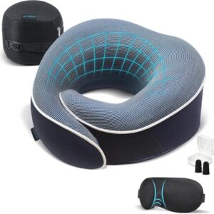 Proglobe Orthopedic Neck Pillow Travel Neck Pillows for Airplanes, Memory Foam Kit, Updated Resting Material, Airplane Travel Set with 3D Contoured Eye Masks, Earplugs, and Luxury Mesh Bag (Blue)