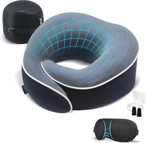 Proglobe Orthopedic Neck Pillow Travel Neck Pillows for Airplanes, Memory Foam Kit, Updated Resting Material, Airplane Travel Set with 3D Contoured Eye Masks, Earplugs, and Luxury Mesh Bag (Blue)