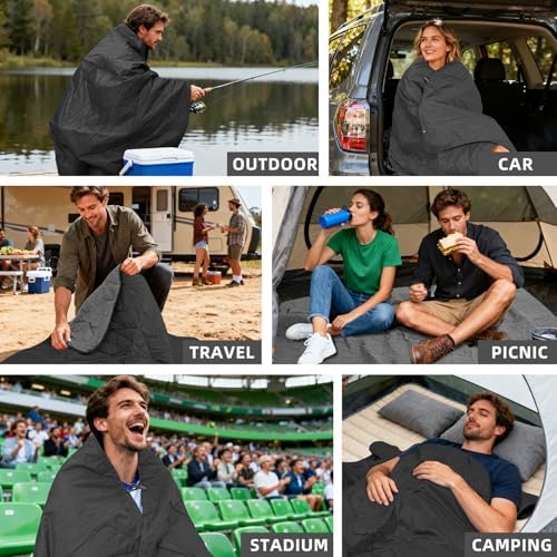 Outdoor Waterproof Blanket, Foldable Fleece Stadium Blanket for Outdoor Sports Event, Camping, Car, Pet, Picnics - Windproof, Wearable, Machine Washable 80" x 58" (Black Gray) - Image 2