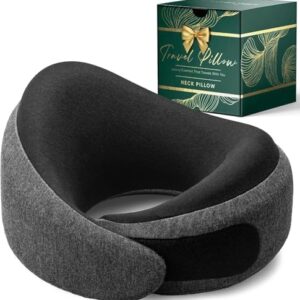 Proglobe Luxe Memory Foam Travel Neck Pillow for Airplanes, Ergonomic 360° Support with Soft Chin Support, Organic Cotton Cover, Compact Compression Bag, Ash Black