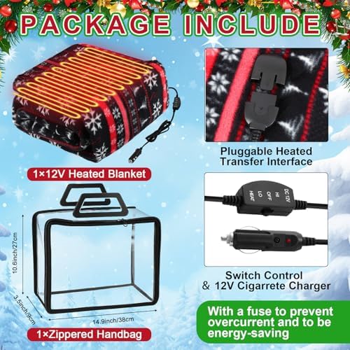 Tuanse 58 x 43 Inches 12 Volt Heated Car Blanket Plug in Portable Car Electric Blanket with Cigarette Lighter, Temperature Controller and Storage Bag for Rv Truck Traveling(Red Black,Snowflakes) - Image 3