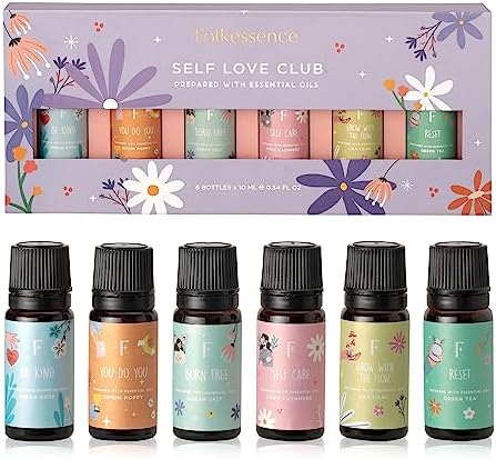 Folkulture Self Love Club Essential Oils Set | 6 Relaxing Fragrance Oils for Diffusers | Green Tea, Cashmere, Ocean Salt and More| Valentine’s Day Aromatherapy Gift for Her | Home Relaxation Scents