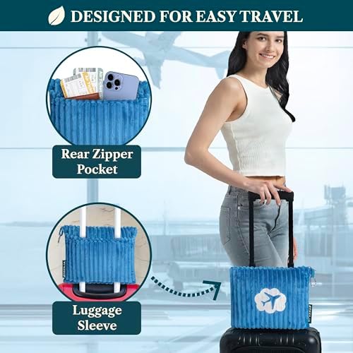 PAVILIA Travel Blanket Pillow in Soft Bag with Pockets, Airplane Blanket Set, Plane Blanket Compact Packable, Flight Essentials Car Pillow, Travelers Accessories Gifts, Luggage Strap, Turquoise - Image 3