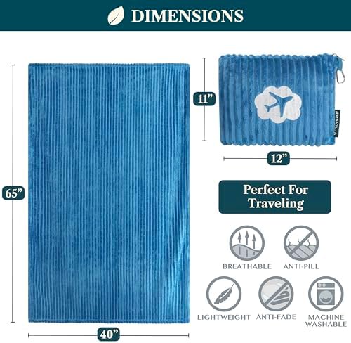 PAVILIA Travel Blanket Pillow in Soft Bag with Pockets, Airplane Blanket Set, Plane Blanket Compact Packable, Flight Essentials Car Pillow, Travelers Accessories Gifts, Luggage Strap, Turquoise - Image 7
