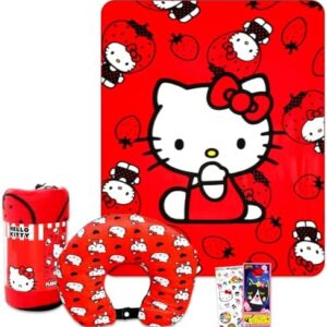 SANRIO Hello Kitty Travel Blanket and Pillow Set for Girls Bundle with Blanket, Pillow, Stickers, More | Hello Kitty Travel Accessories for Kids, Children