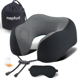napfun Neck Pillow for Traveling, Upgraded Travel Neck Pillow for Airplane 100% Pure Memory Foam Travel Pillow for Flight Headrest Sleep, Portable Plane Accessories, Striped Black