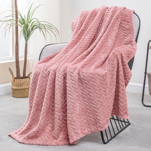 Exclusivo Mezcla Fleece Throw Blanket for Couch, 50x70 Inches Soft Cozy Jacquard Flannel Blankets, Lightweight Fuzzy Plush Warm Throws for Winter, Pink