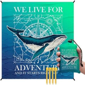 Beach Whale Pocket Picnic Blankets, Blue Ocean Coastal Mini Beach Camping Blanket Waterproof Sandproof, Rustic Sea RV Outdoor Picnic Blanket Mat Gifts for Camper Campsite Travel 55x60in